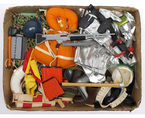 Palitoy Action Man vintage loose clothing/accessories to include PART Crash Crew, Landing Signal, Navy Attack, equipment book