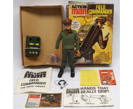 Palitoy Action Man vintage Field Commander and Field Radio comprising flock head figure with gripping hands (hands have harde