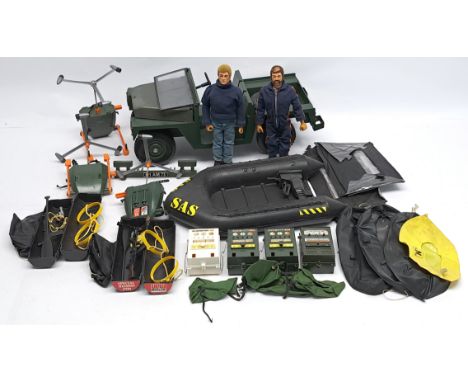 Palitoy Action Man vintage group to include 2 x flock hair, gripping hands figures, #34713 Land Rover, 3 x Turbo Copter's, 2 