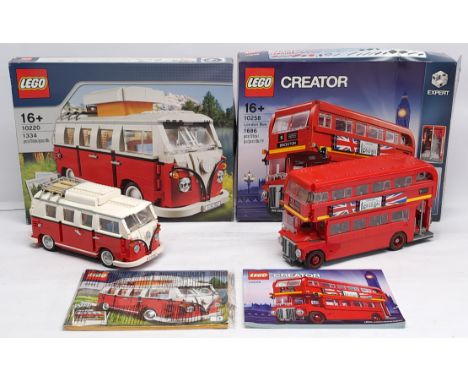 Lego Creator pair to include (1) #10220 Volkswagen VW T1 Camper Van; (2) #10258 London Bus, both models are built, not checke