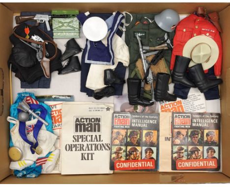 Palitoy Action Man vintage loose/part uniforms/accessories to include French Resistance Fighter, Sailor, Canadian Mounted Pol