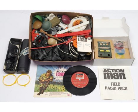 Palitoy Action Man vintage loose clothing/accessories to include guns, boots, helmets/hats,&nbsp;Field Radio Pack - comprisin