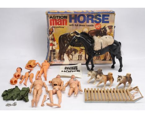 Action Man (and similar) vintage group to include Palitoy Horse with instruction leaflet and accessories, not checked for com