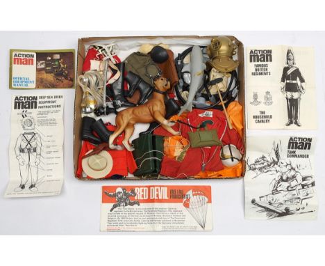 Palitoy Action Man vintage loose/unboxed uniform group to include: (1) Red Devil Parachutist comprising jumpsuit, parachute, 