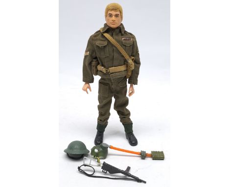 Palitoy Action Man vintage loose/unboxed British Infantryman, blonde flock hair, plastic hands, wearing tunic, trousers, helm