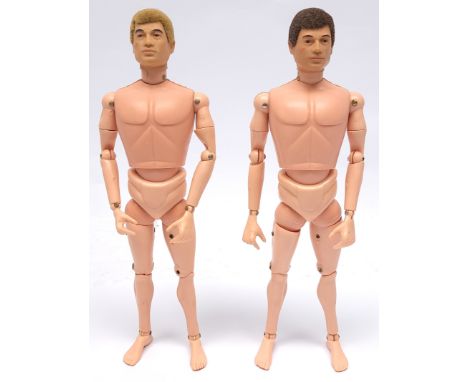 Palitoy Action Man vintage pair of flock hair, plastic hands figures with Rare Brown Eyes, loose/undressed, generally Fair to
