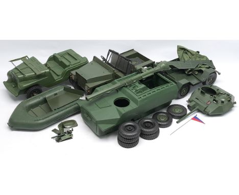 Palitoy Action Man vintage vehicle/parts group to include #34706 Jeep (1 wheel stud is detached), #34713 Land Rover, plus oth