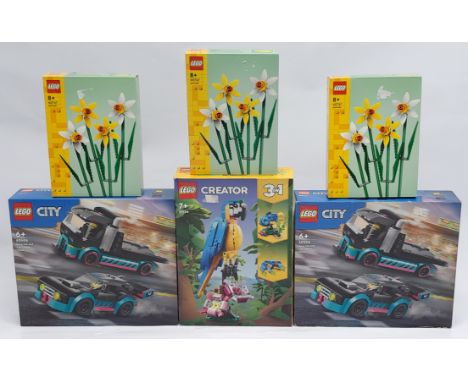 Lego (Sealed) group to include (1) #31136 Creator - Exotic Parrot; (2) #40747 Botanical - Daffodils (x 3); (3) #60406 City - 