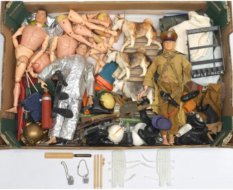 Palitoy Action Man vintage loose/unboxed figures, part-figures, various part outfits, helmets/hats, boots, guns, plastic dog-