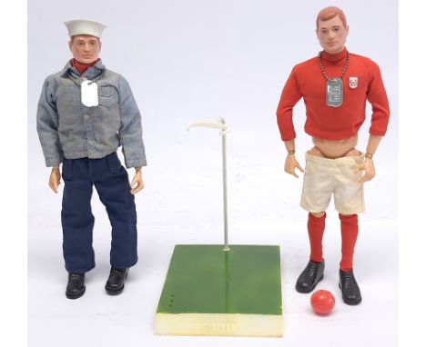 Palitoy Action Man vintage pair to include (1) painted head, plastic hands figure, wearing Sailor outfit, includes dog tag; (
