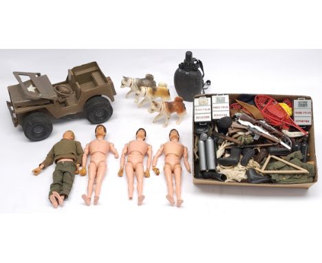Palitoy Action Man vintage loose flock hair figures (most are missing a body part), Husky dogs and a quantity of mostly DAMAG