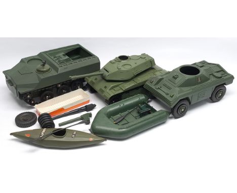 Palitoy Action Man vintage vehicle/parts group to include #34708 Personnel Carrier, #34719 Scout Car, #77002 Iron Knight Tank