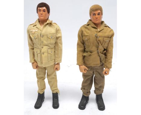 Palitoy Action Man vintage pair of flock hair, dynamic body/blue pants, eagle-eyes, gripping hand figures/loose/dressed, gene