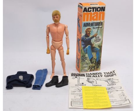 Palitoy Action Man vintage Adventurer figure - flock head and beard with gripping hands, sweater, jeans, boots, information l