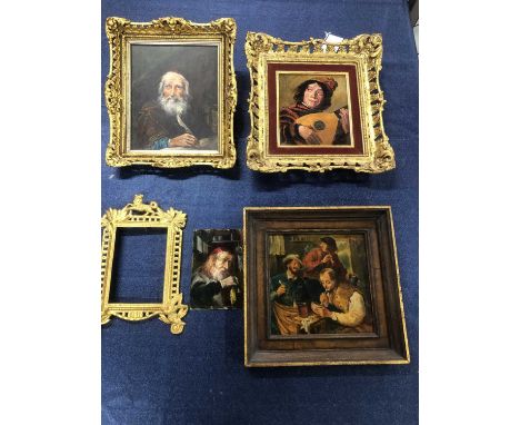 Three various portraits to include a lute player, in gilt frames, together with an overpainted print of revellers in an inter