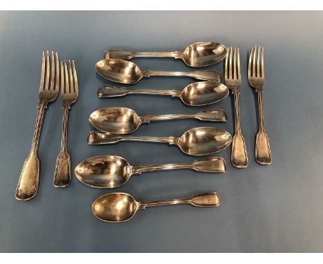 A part set of silver fiddle and thread cutlery by George Adams, London 1864, comprising six dessert spoons, three dessert for