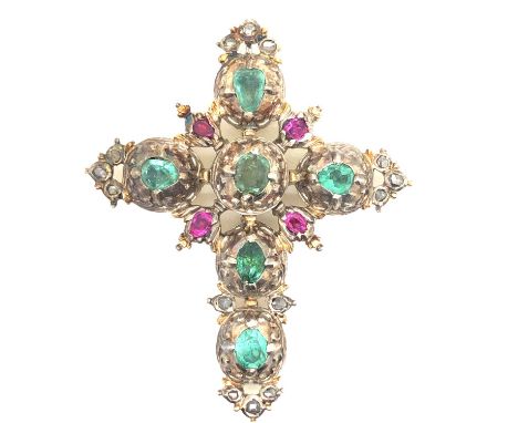 A late 17th-century form emerald, ruby and diamond cross pendant. The reverse is assessed as 14ct gold, the front as silver. 