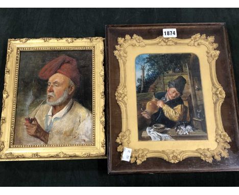 A Continental oil of a servant with kittens, in gilt and rosewood box frame, 28.5 x 34cm over all, together with an oil on ca