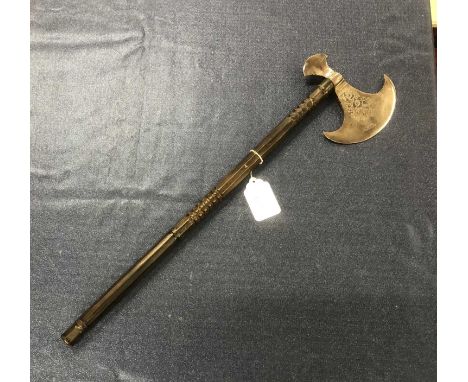 An eastern double bladed Katar, 25cm blades, brass hilt with shaped edges, together with two various tulwar and an Indian axe