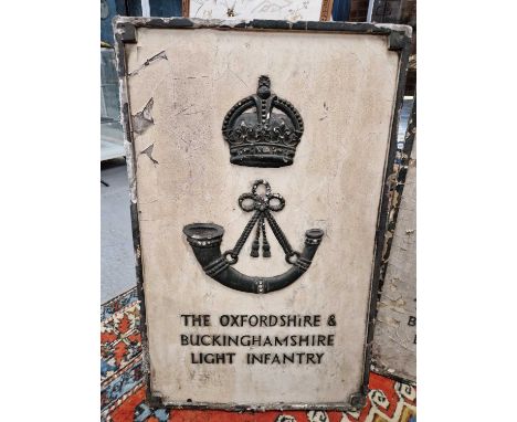 Two Rare War Period Oxfordshire &amp; Buckinghamshire light infantry relief decorated easel back placards 48 x 77 Cm.