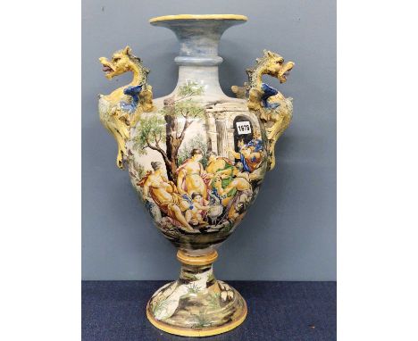 A Le Nove majolica baluster vase painted with the judgement of Paris on one side of the dragon handles and with an arch befor