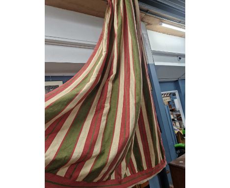A pair of striped linen lined and interlined curtains. H 220 Width of each at bottom 208cms