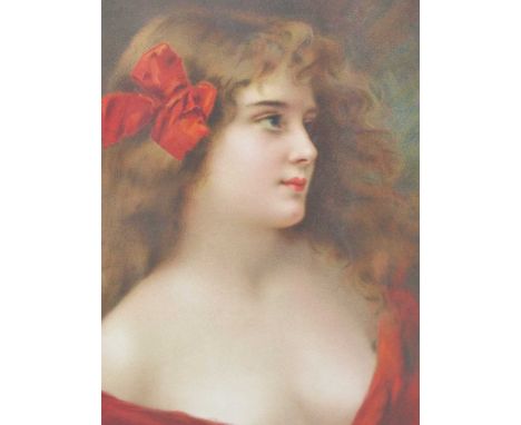 After Angelo Asti, lithograph of a young woman in a red dress, 40 x 54.5cm.