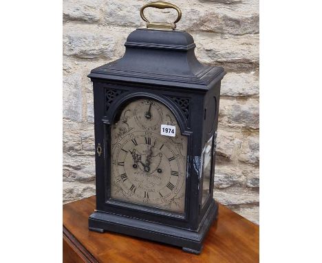 A Patrick Russell of Devizes ebonised cased two train fusee mantel clock striking on a bell, the silvered dial with a strike/