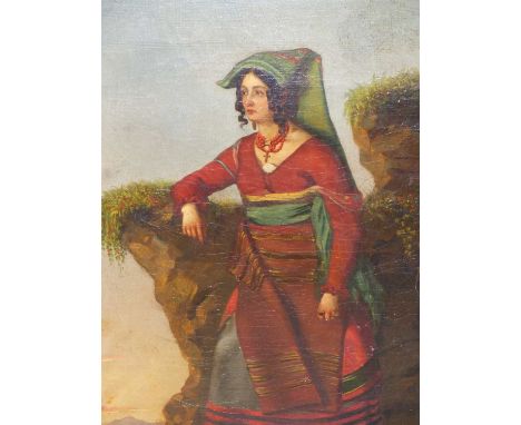 Neapolitan School (19th Century), Full length portrait of a woman in traditional dress in a landscape, oil on canvas, 60.5 x 