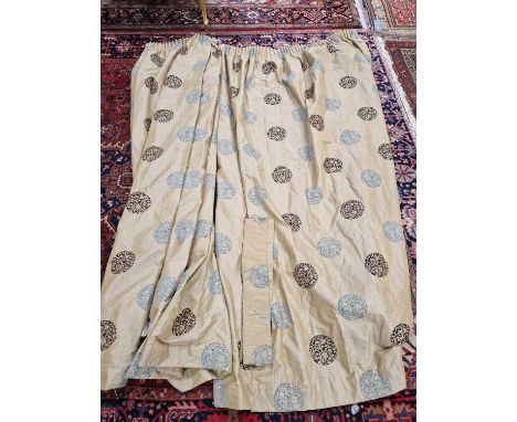 A pair of Oriental pattern silk lined curtains. H 226 Width of each at bottom 190cms