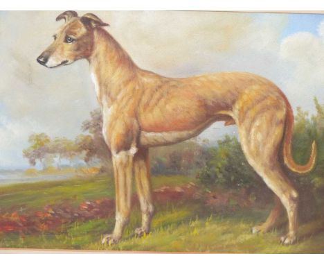 English School (late 19th/early 20th Century), Portrait of a tan lurcher in a landscape, oil on board, 36.5 x 26cm.