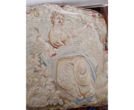 An antique tapestry fragment mounted as a table runner, together with an antique tapestry panel mounted as a cushion (2)