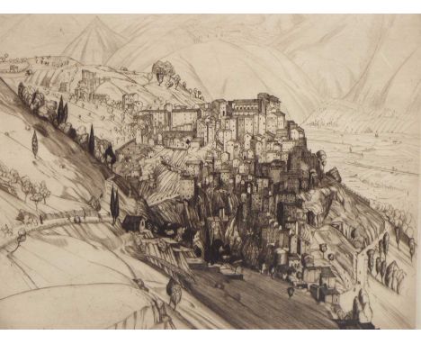 Job Nixon RE (1891-1938), View of a town in an extensive mountain landscape, signed in pencil, etching, 38 x 32.5cm (pl).