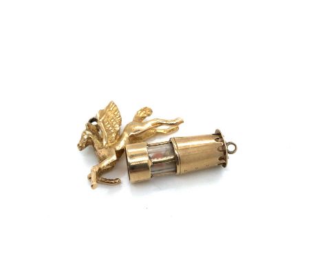 A vintage 9ct hallmarked gold pegasus charm pendant and a further Chester 9ct hallmarked tilly miners lamp charm pendant. Gro