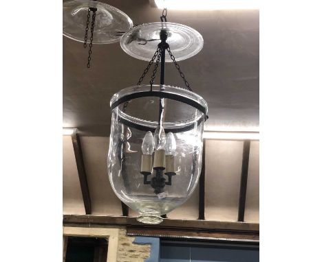 Two vintage bell jar Hundi hanging three light pendant 