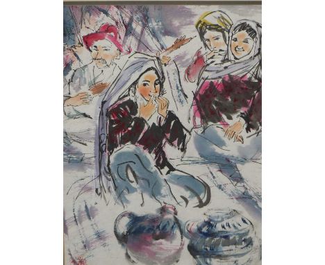 20th C. Chinese Xinjiang school. Attributed to Huang Zhou 1925-1997. Uyghur women at the bazaar. Ink and color on paper, seal