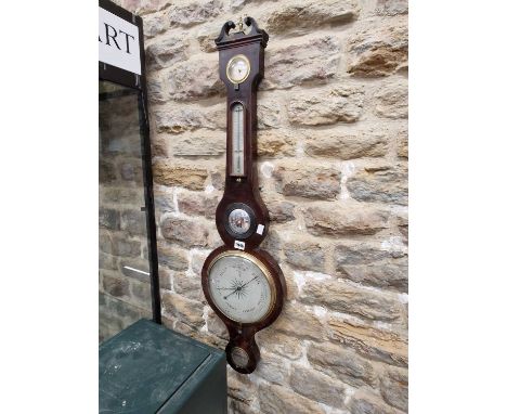 A line edged mahogany banjo barometer by Kalabergo, Banbury, the dry/damp dial above a mercury thermometer, a convex mirror, 