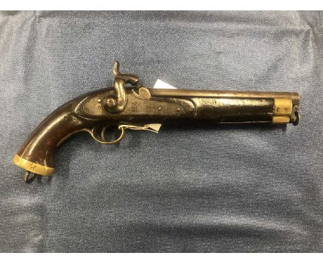 A 19th-century percussion East India Company Land pattern pistol. The walnut stock with brass pommel and lanyard ring, Jaipor