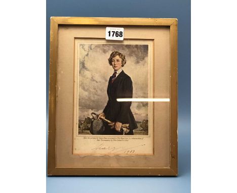 Royal autograph- A Colour print of Princess Mary after the portrait by Simon Elwes. ink signed by the sitter &amp; dated 1933
