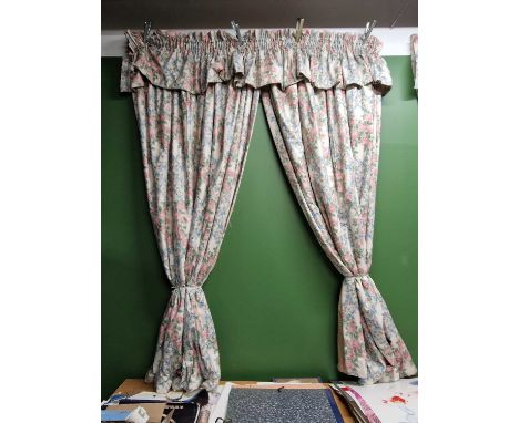 Two pairs of rose trellis pattern lined and interlined curtains with pelmets