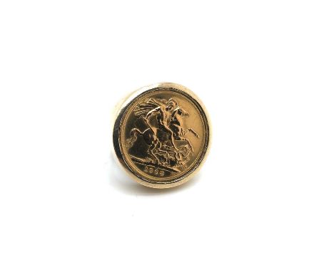 A 1968 22ct gold full sovereign coin held in a 9ct stamped solid ring mount. Finger size N leading edge. Weight 20.16 grams.