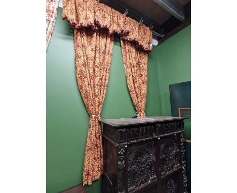 A pair of Arts and Crafts design lined curtains with pelmet