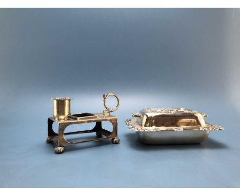 A silver match box sleeve chamber stick by Samuel Jacob, London 1898, together with a miniature tureen and two handled cover 