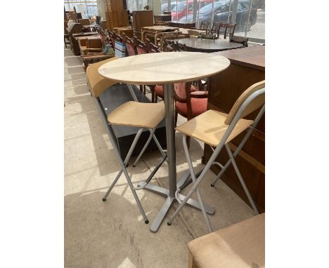 A TALL CIRCULAR KITCHEN TABLE, 28" DIAMETER AND A PAIR OF FOLDING CHAIRS 