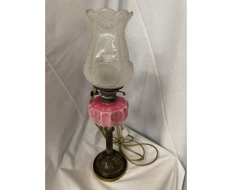 A TALL TABLE LAMP WITH AN ETCHED FROSTED GLASS SHADE AND A OPAQUE PINK  AND DARK BRASS BASE 