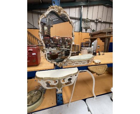 A DECORATIVE HALL GLASS TOPPED TABLE WITH WALL MIRROR AND TWO FURTHER WALL STANDS ETC. 