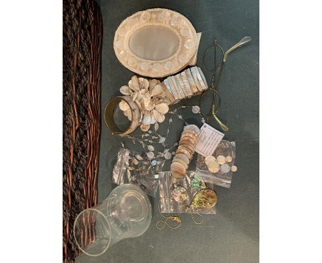 A QUANTITY OF ITEMS TO INCLUDE FAUX MOTHER OF PEARL JEWELLERY, VINTAGE GLASSES, FRAME, VASE ETC 