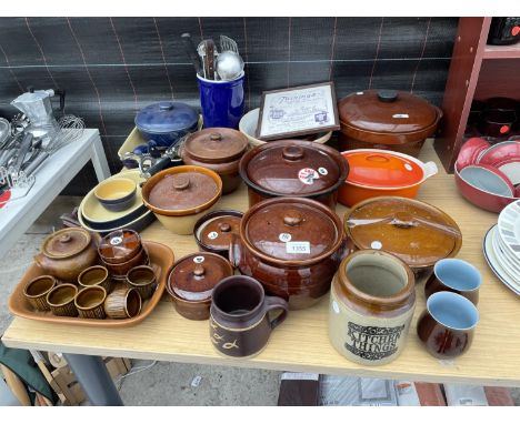 AN ASSORTMENT OF CERAMIC AND STONE WARE KITCHEN ITEMS TO INCLUDE RAMEKINS, TUREENS AND DISHES ETC 
