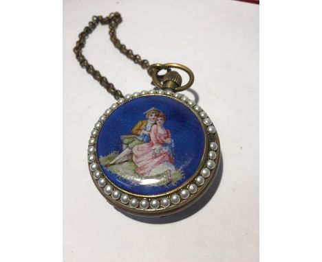 A POCKET WATCH WITH ENAMEL AND PEARL DOUBLE SIDED CASE 