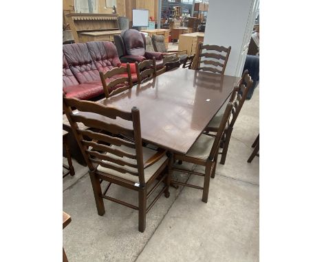 A REPRODUCTION OAK REFECTORY STYLE TABLE AND SIX LADDERBACK CHAIRS, 71X35" 